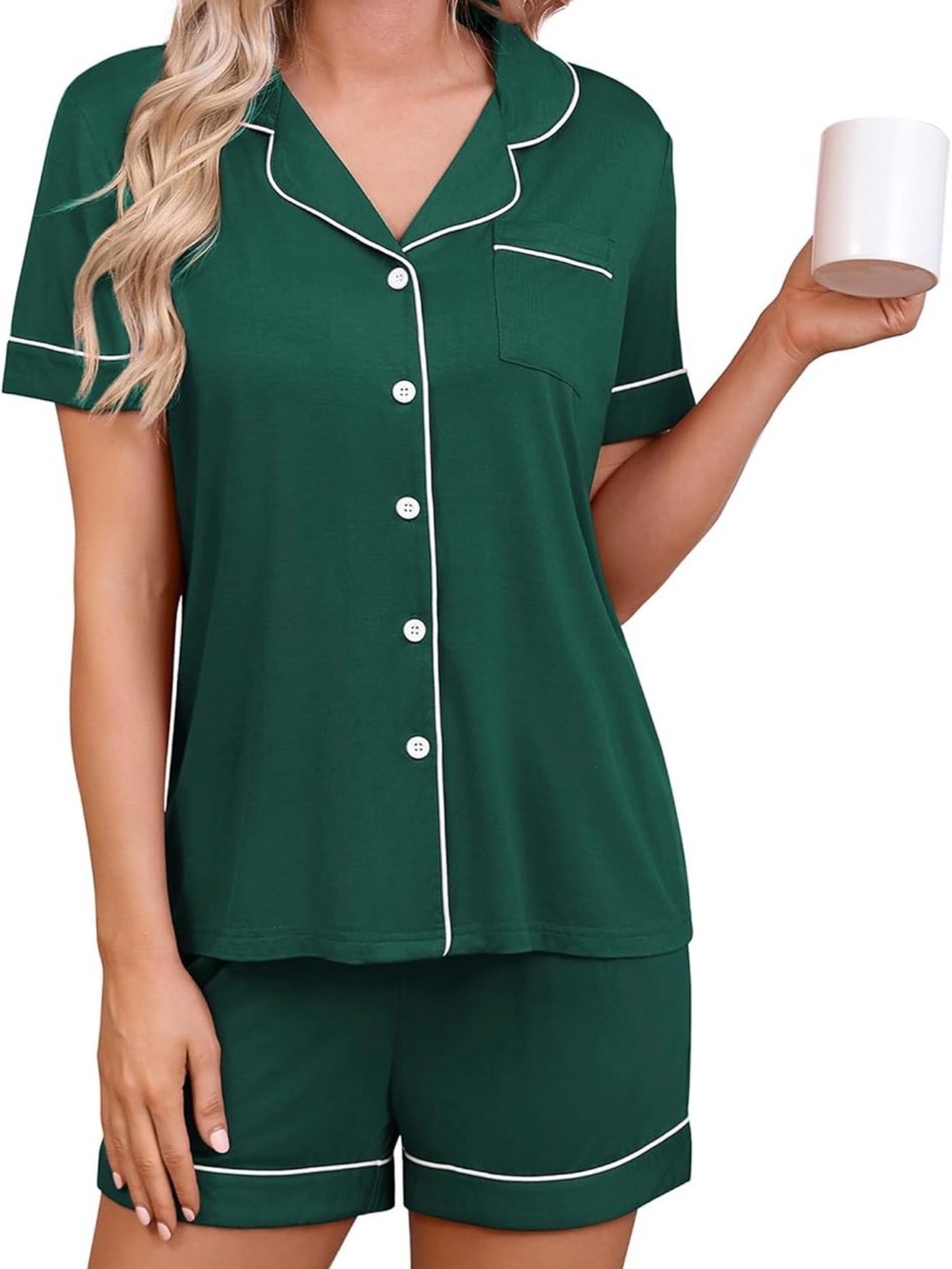Women's Green Short Sleeve Pajama Set with White Piping
